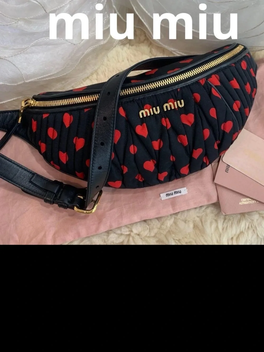 Miu Miu Black Quilted Crossbody with Red Heart Print and Gold Hardware